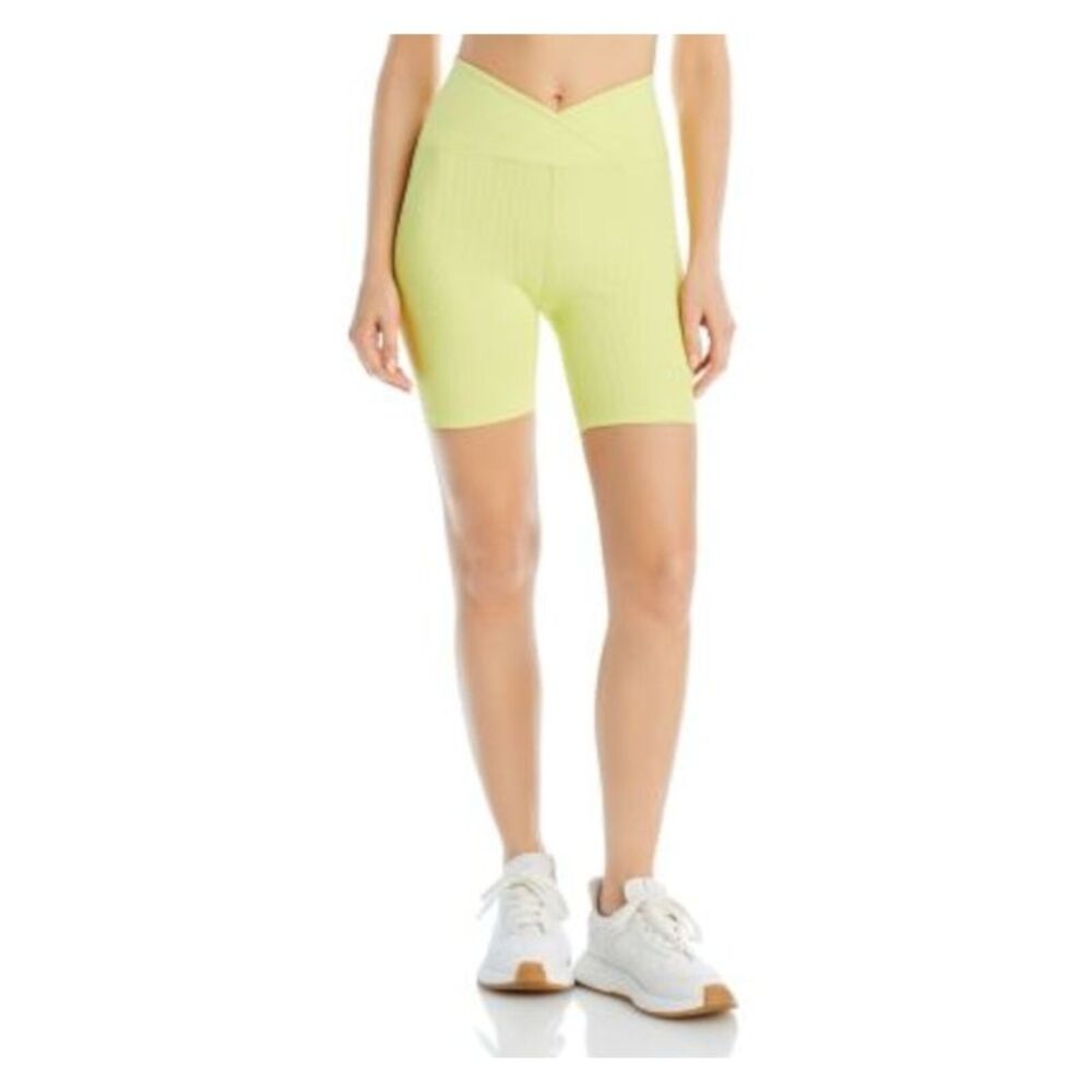 YEAR OF OURS Womens Yellow Fitted Crossover Waist High Rise Bike Shorts XS